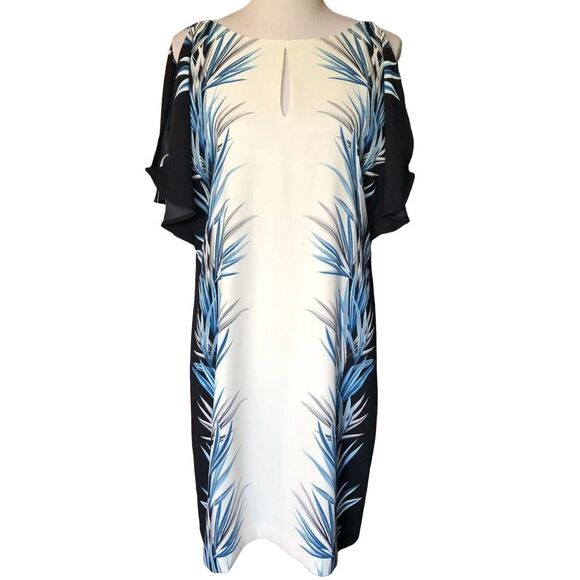 Womens White House Black Market palm print shift cold shoulder dress - Size 8 - Picture 1 of 15